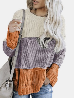 Women Contrast Color Patchwork Round Neck Long Sleeve Knitted Casual Sweater