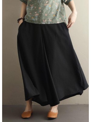 Summer  literary black elastic waist versatile wide leg culottes