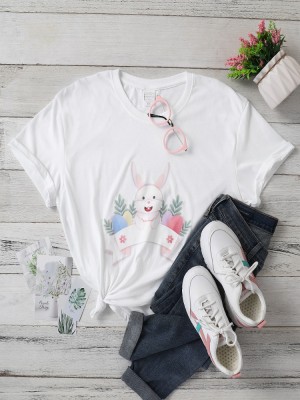 Cartoon Rabbits Easter Print Short Sleeve Plus Size Casual T  shirt