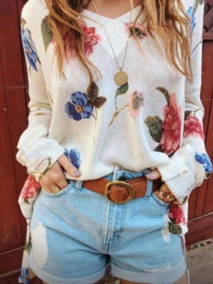 Women Floral Print V  Neck Knitted Casual Long Sleeve Sweaters