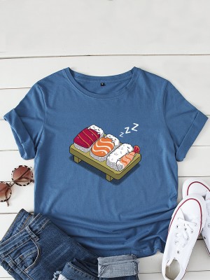 Women Cartoon Sleeping Sushi Print O  Neck Short Sleeve Leisure T  Shirt