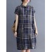 Cottagecore Letter Plaid Print Pocket Cotton Lapel Midi Dress