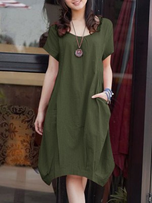 Solid Pocket Ruched Round Neck Short Sleeve Midi Dress